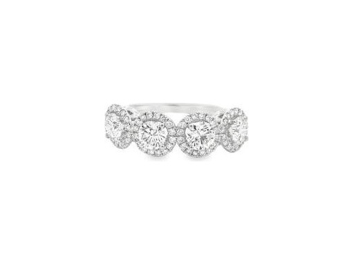18K White Gold Four-Stone Halo Ring with Natural Round Diamonds and Diamond-Paved Band